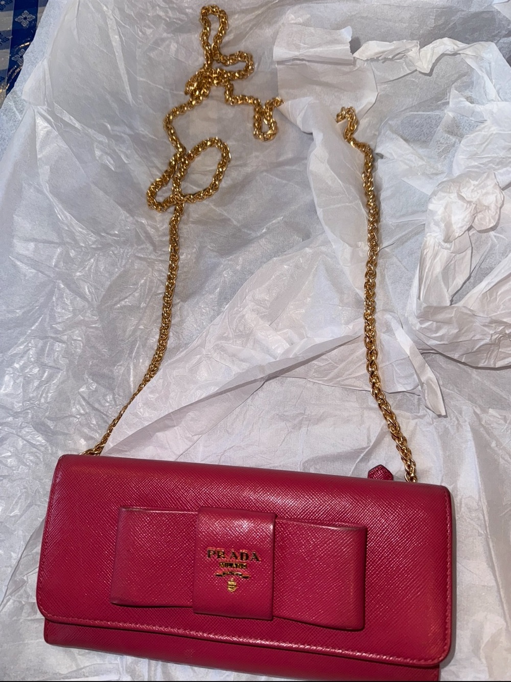 Prada Pink Bow w/Chain Crossbody Wallet